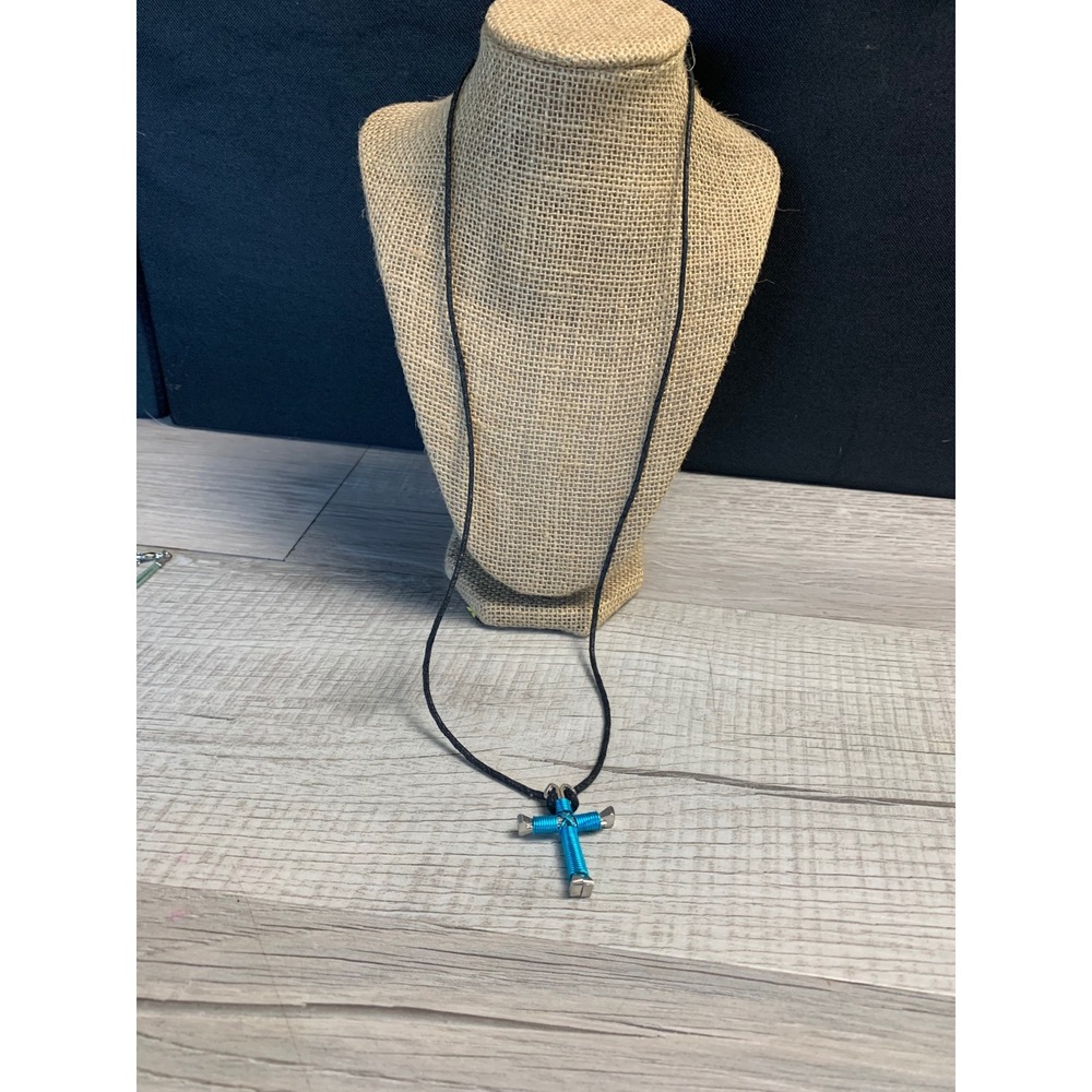 Handmade Horseshoe Nail Cross Necklace Turquoise Blue Wire Wrap Black Cord 26in